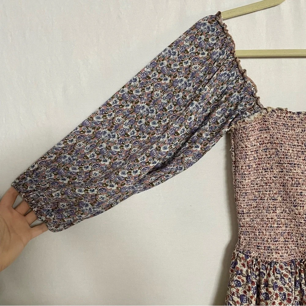 Storia Boho Smocked Chest Mixed Floral Print Tiered Peasant Mini Dress_5